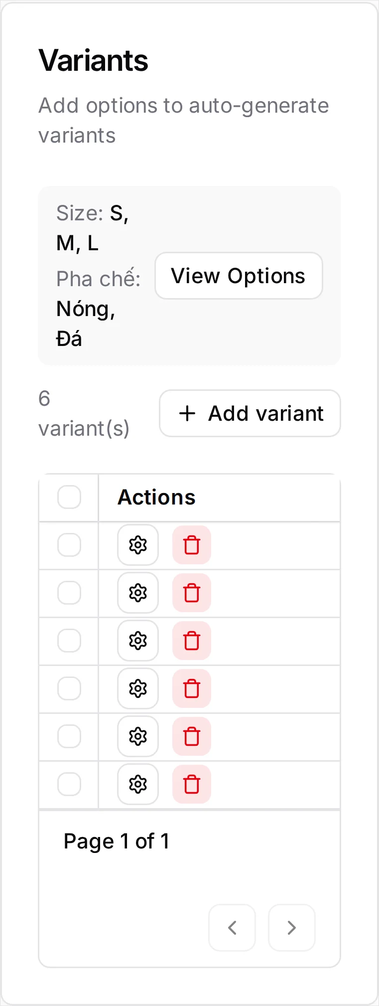 The grid at phone width: clipped to its Actions column, so the Allow Oversell tickboxes stay off-screen