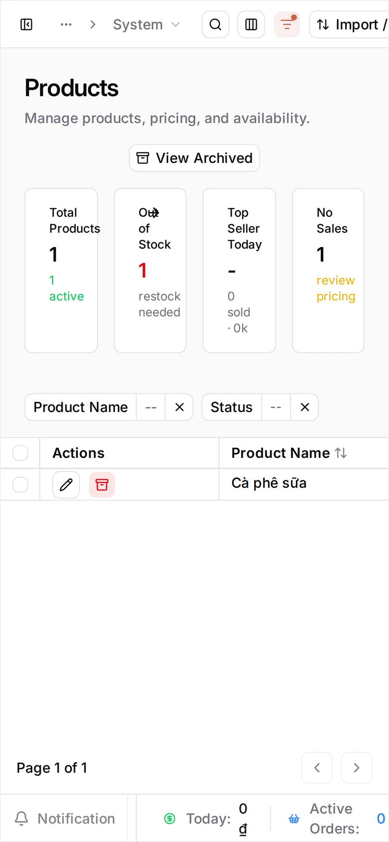 The Products list at phone width: only the Actions and Product Name columns fit, showing the single row Cà phê sữa