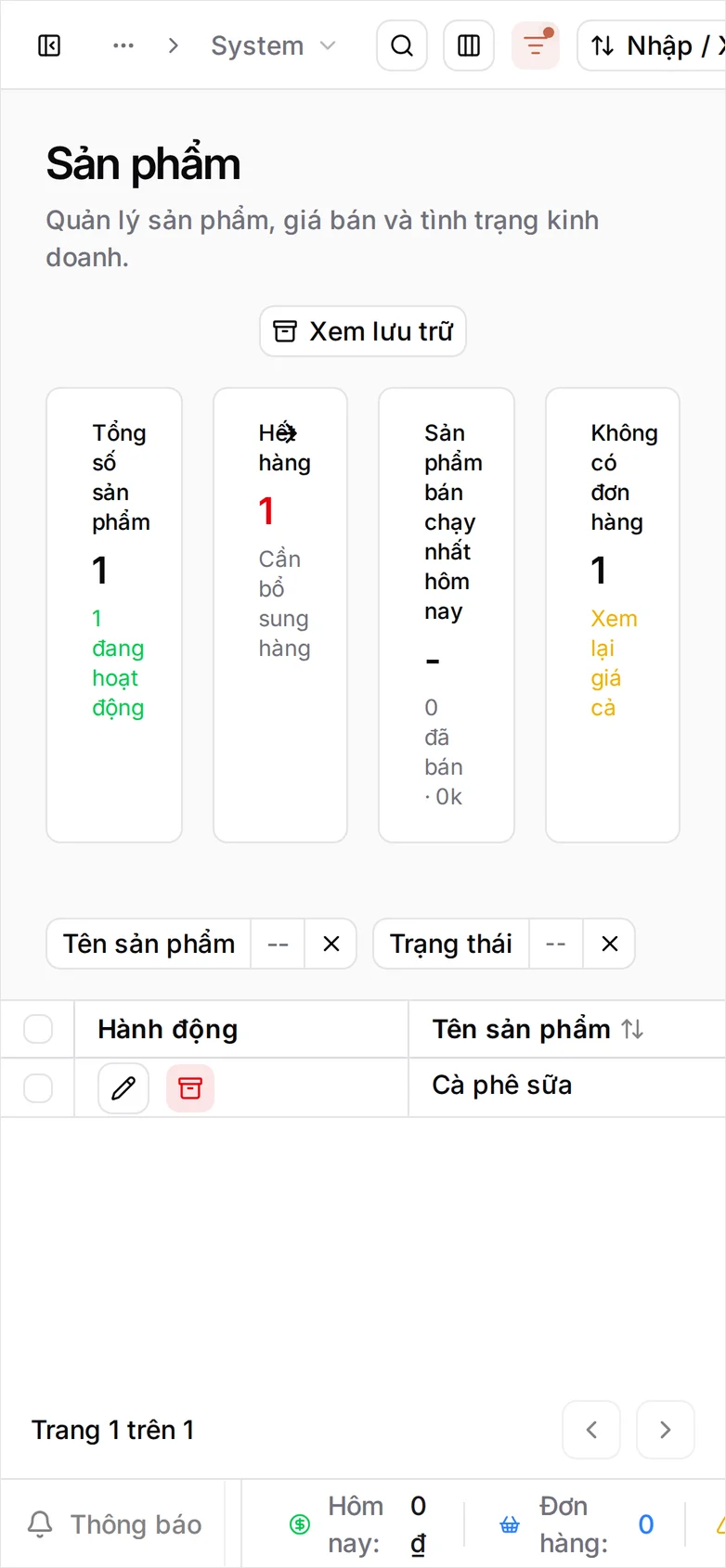Danh sách Sản phẩm ở khổ điện thoại: chỉ vừa cột Hành động và Tên sản phẩm, hiển thị đúng một dòng Cà phê sữa