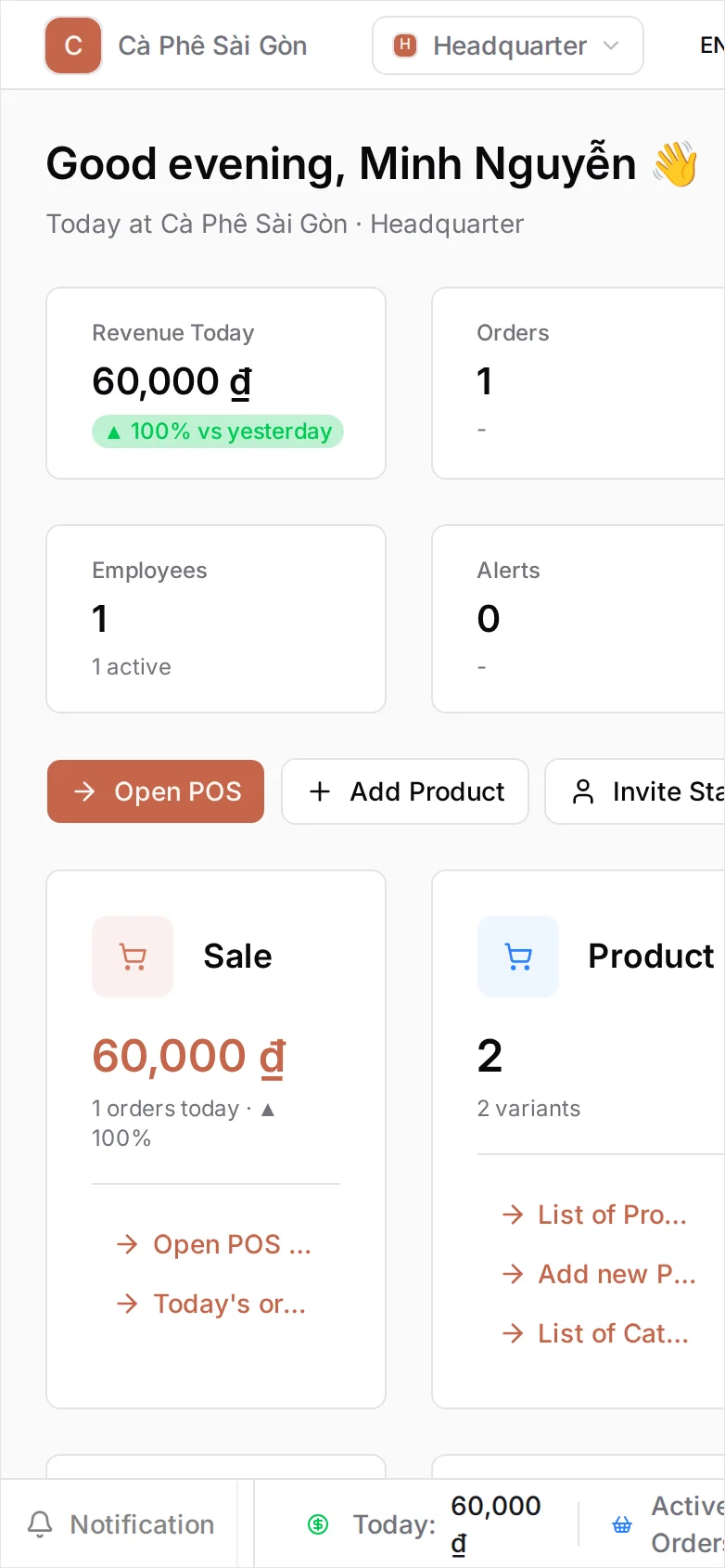 The BANA dashboard for Cà Phê Sài Gòn: a Revenue Today card reading 60,000 ₫ with 100% vs yesterday, next to Orders 1, Employees and Alerts cards, above app cards including a Sale card repeating 60,000 ₫ with 1 order today, and a Report card