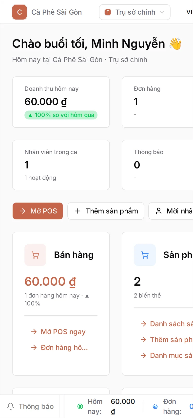 Bảng điều khiển BANA của Cà Phê Sài Gòn: thẻ Doanh thu hôm nay ghi 60.000 ₫ kèm mức 100% so với hôm qua, bên cạnh các thẻ Đơn hàng 1, Nhân viên và Cảnh báo, phía dưới là các thẻ ứng dụng gồm thẻ Bán hàng nhắc lại 60.000 ₫ với 1 đơn hôm nay, và thẻ Báo cáo